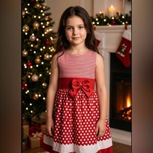 Girls Red Polka Dot Holiday Dress with Bow Handmade